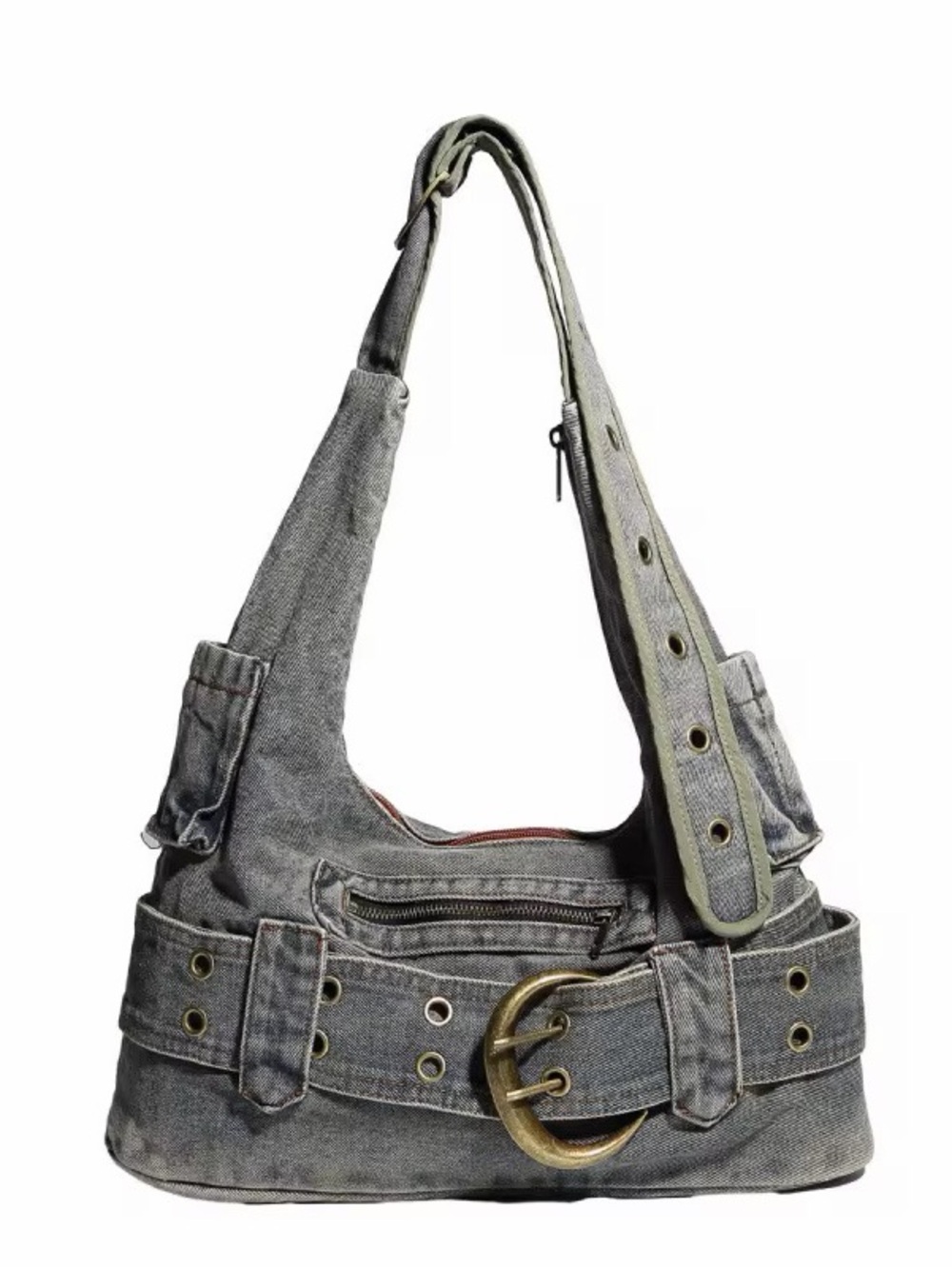 Light blue washed Canvas Belt-Accent Shoulder Bag
